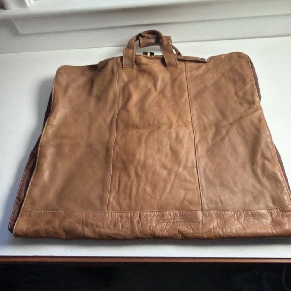 Vintage 100% Leather Garment Bag Brown Travel Suit Dress Luggage Bi-Fold